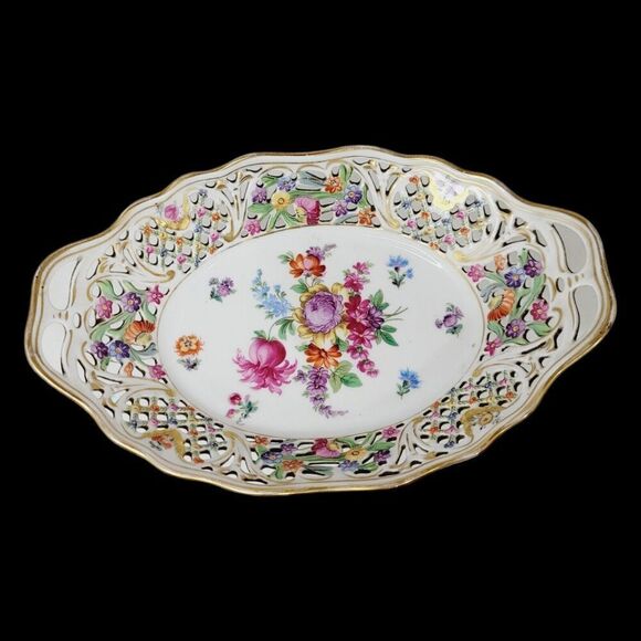 Dresden Schumann Bavaria Candy Fruit Footed Pedestal Oval Floral Bowl Compote - Picture 6 of 16